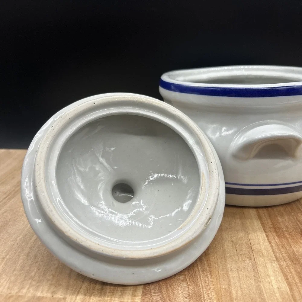 Stoneware Crock With Lid And Handles Blue And Gray Made In Taiwan 2 Quart EUC